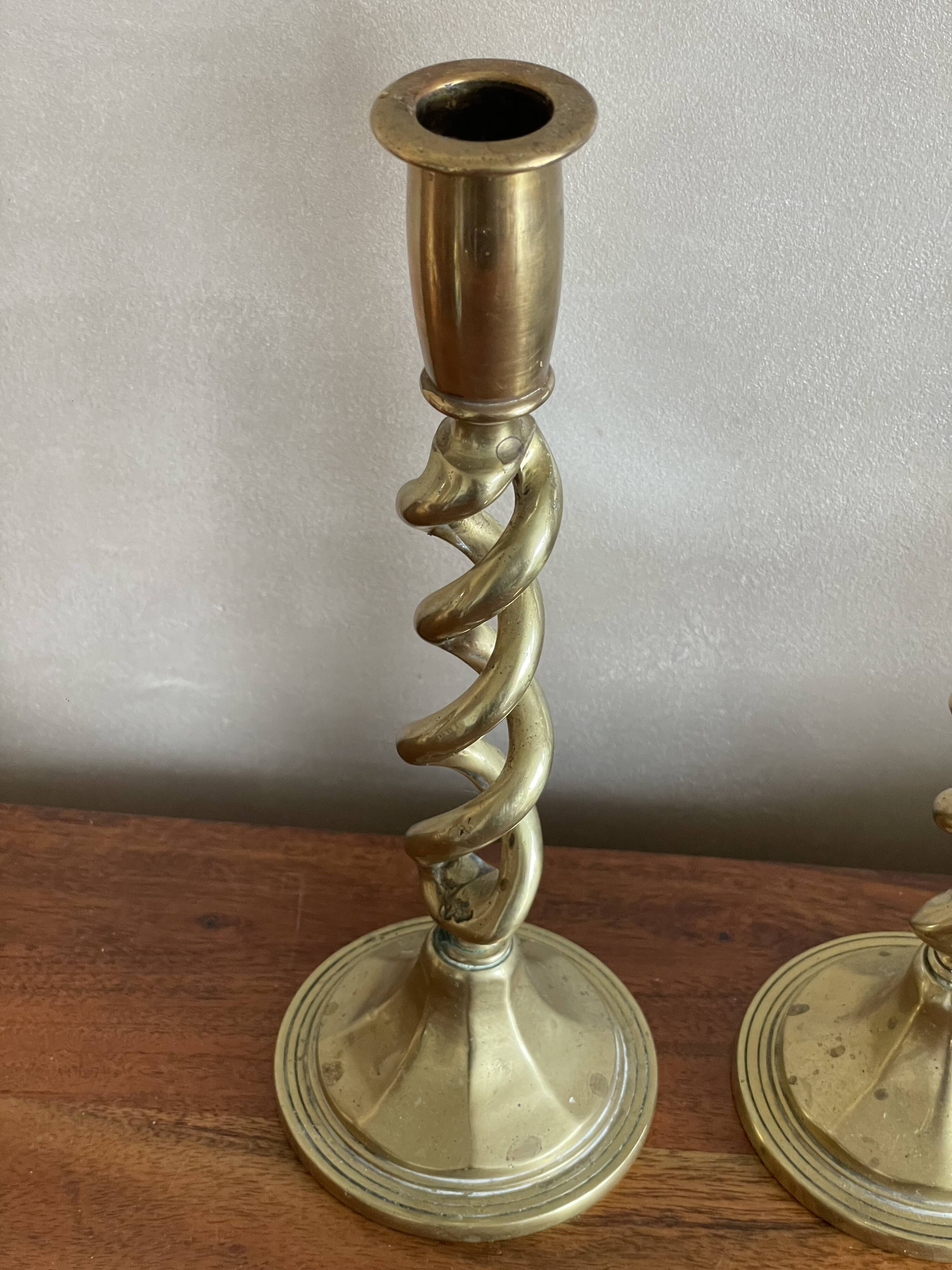 Duo of twisted brass candle holders