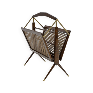 Mid-Century Modern Italian Wicker and Brass Magazine Rack, 1950