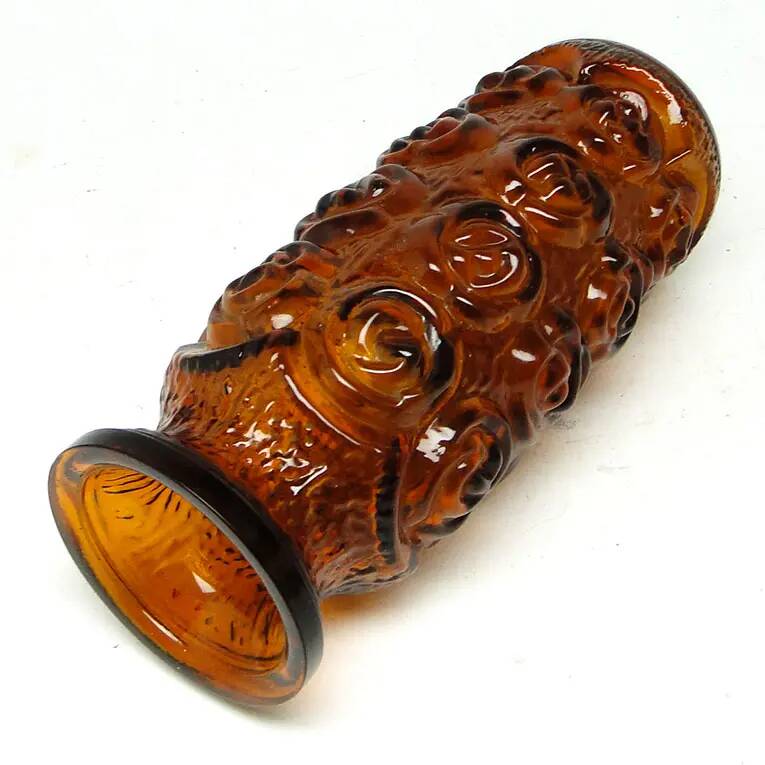 Vase Art Déco en roses, verre pressé orange, Huta Laura, Pologne, années 1970