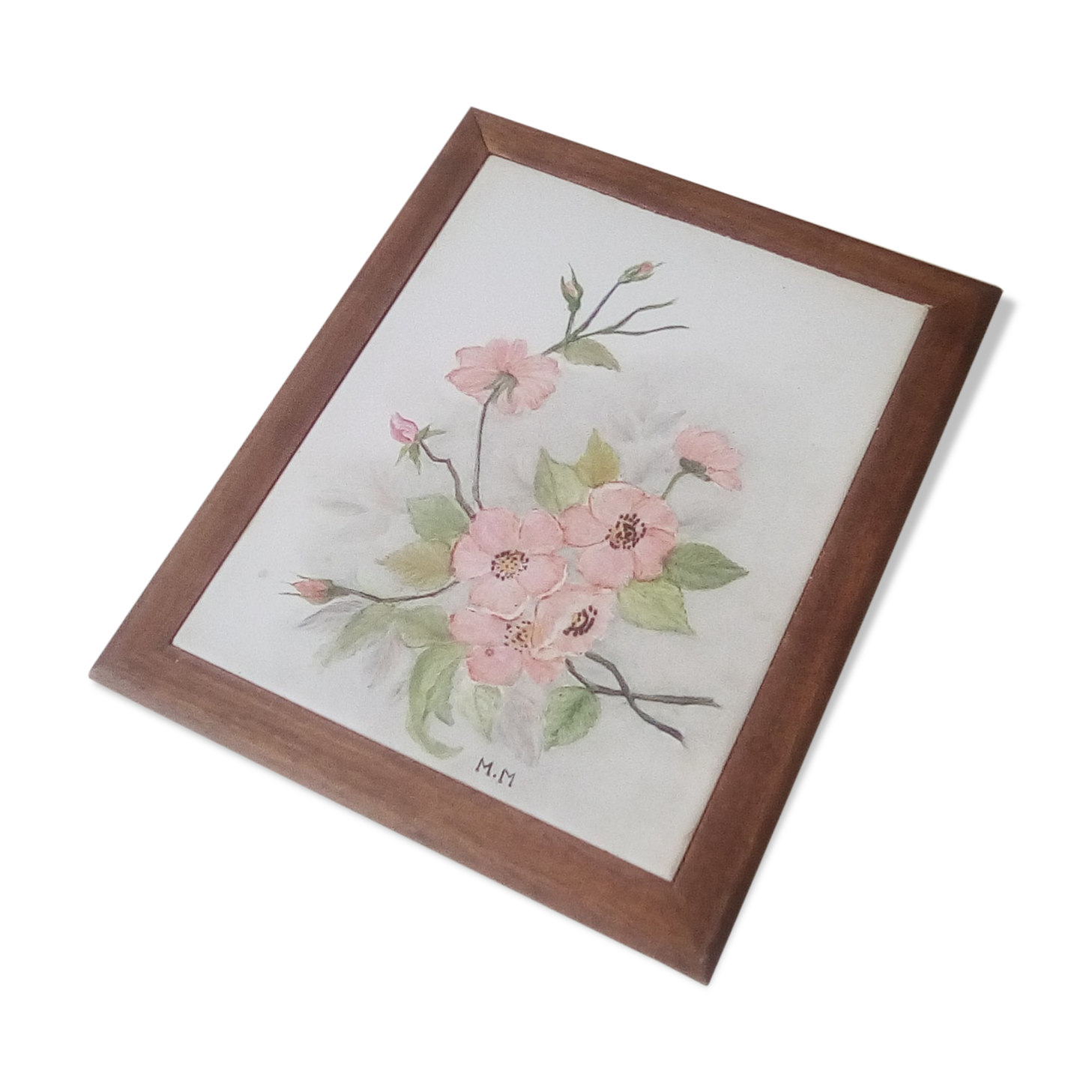 Underside of vintage wood and ceramic dish