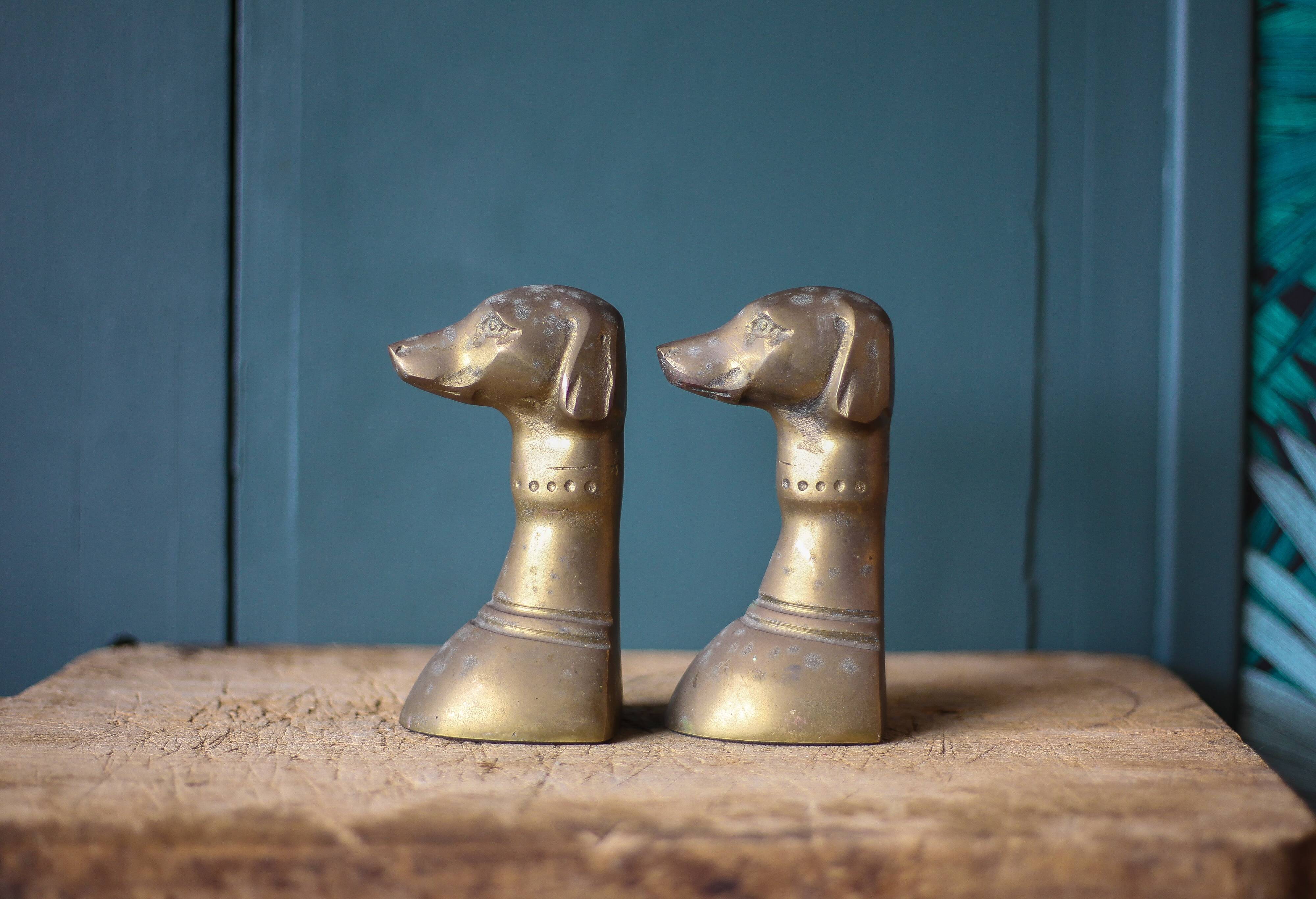 Vintage brass dog head bookends, brass greyhound animals, paperweight, library, office