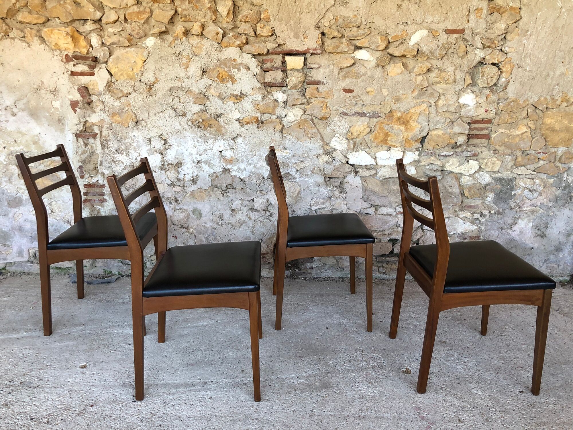 Set of 4 Scandinavian chairs teak and black skai 60s