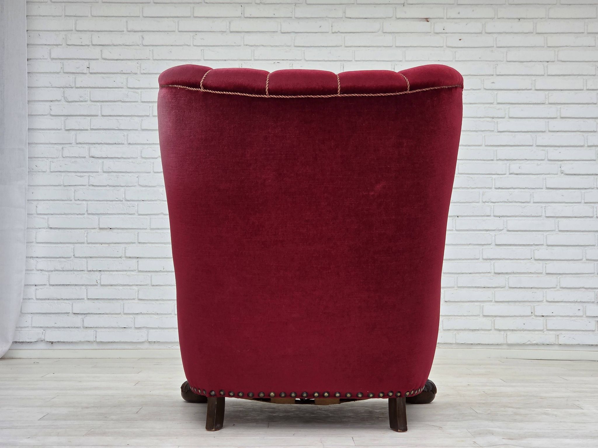1960s, Danish relax chair, cherry-red furniture velour, oak wood.
