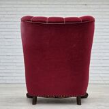 1960s, Danish relax chair, cherry-red furniture velour, oak wood.