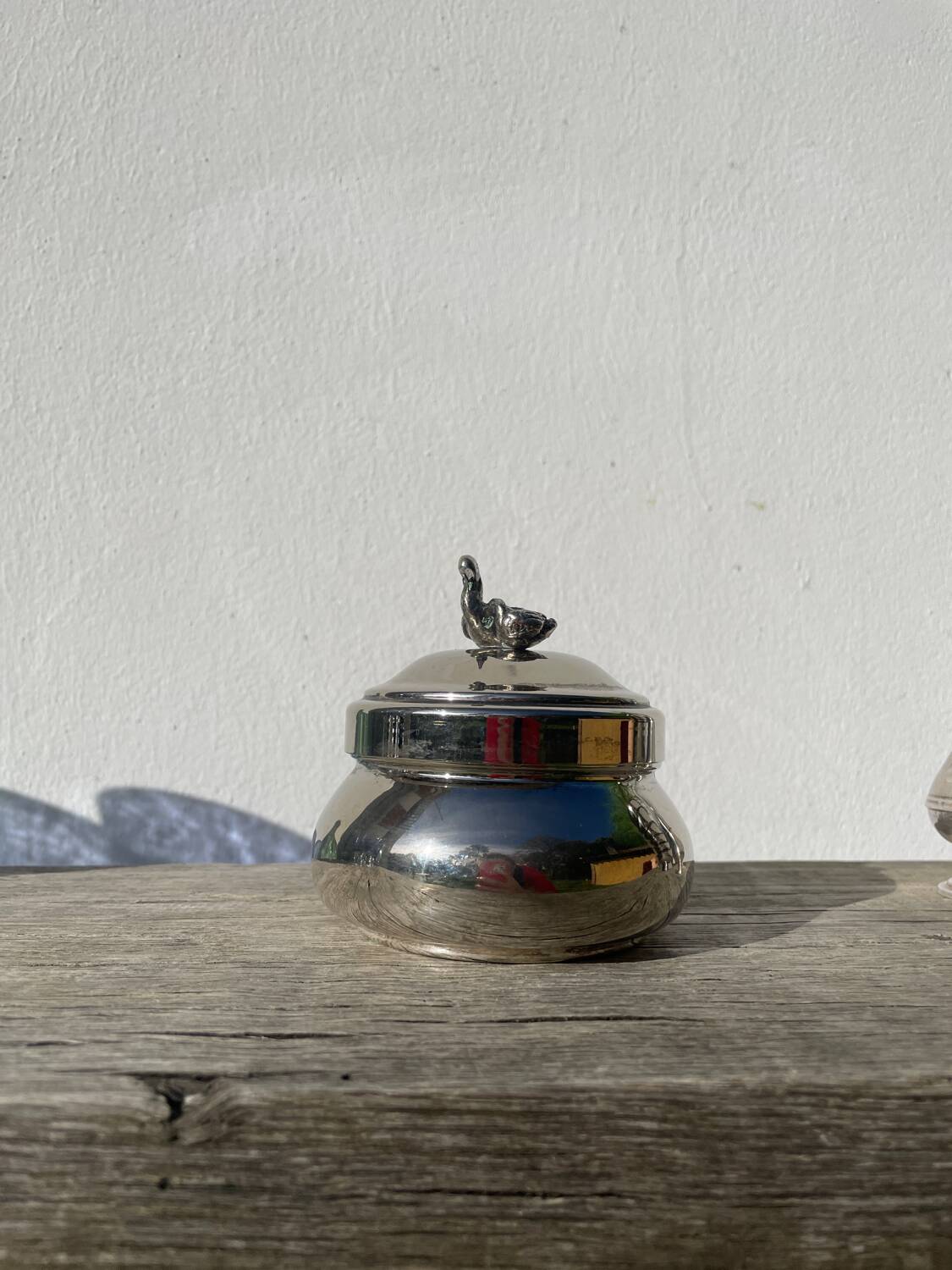 Silver-plated metal box or sugar bowl with ducks