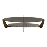 Table basse 2 plateaux  verre fumé & marbre blanc veiné gris