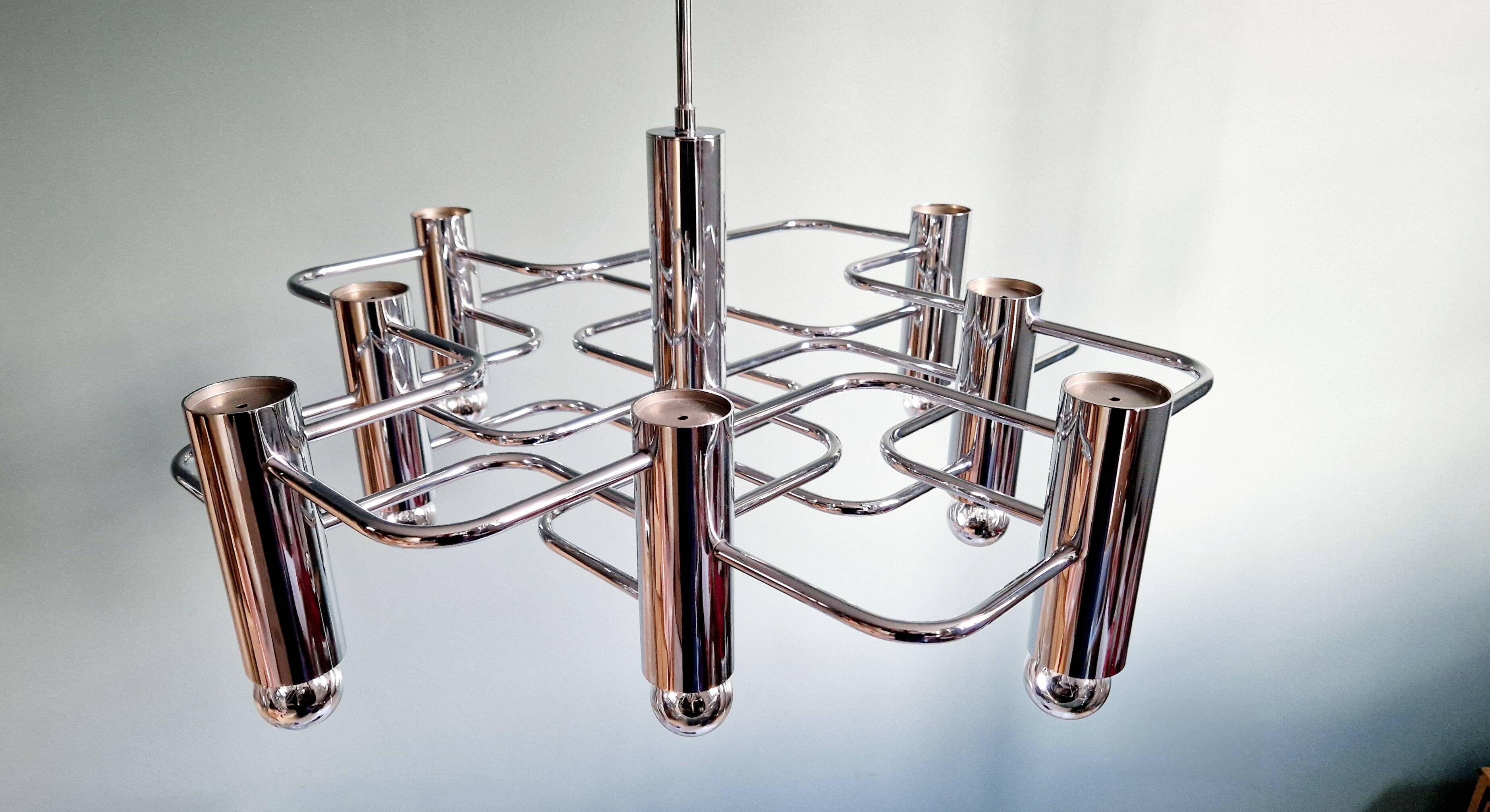 Chromed metal chandelier, design Gaetano Sciolari, 70s