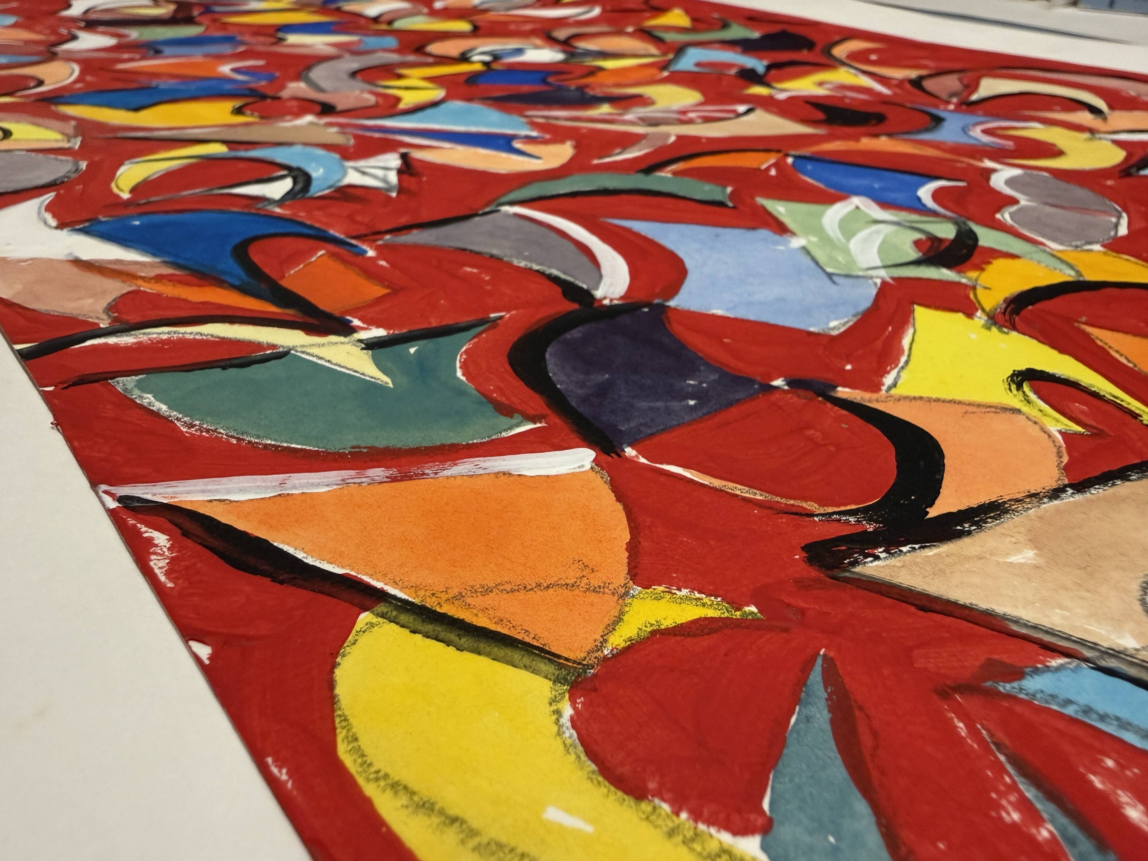 Helmut Dittmann – "Addition", Dynamic Abstract Painting on Red Ground, 1989