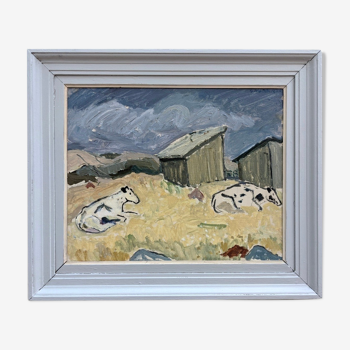 Mid 20th century "before the rain" swedish landscape animal cow oil painting, framed