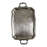 Silver metal serving tray with sculpted handles