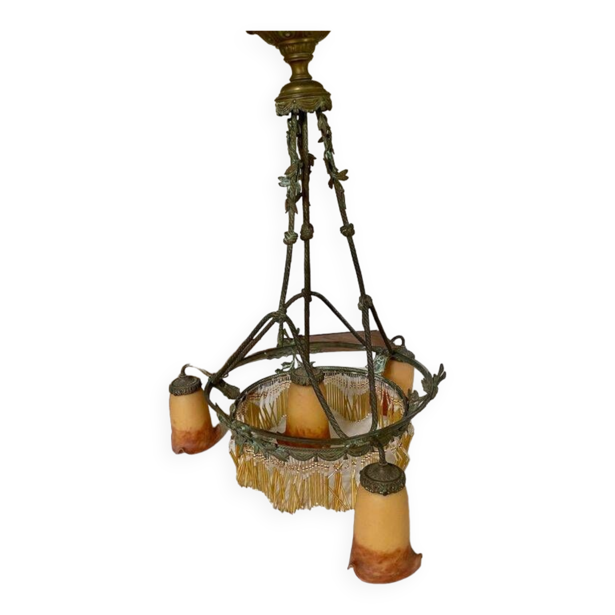 19th century electrified chandelier. Frosted Glass and Bronze