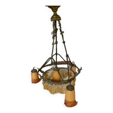 19th century electrified chandelier. Frosted Glass and Bronze