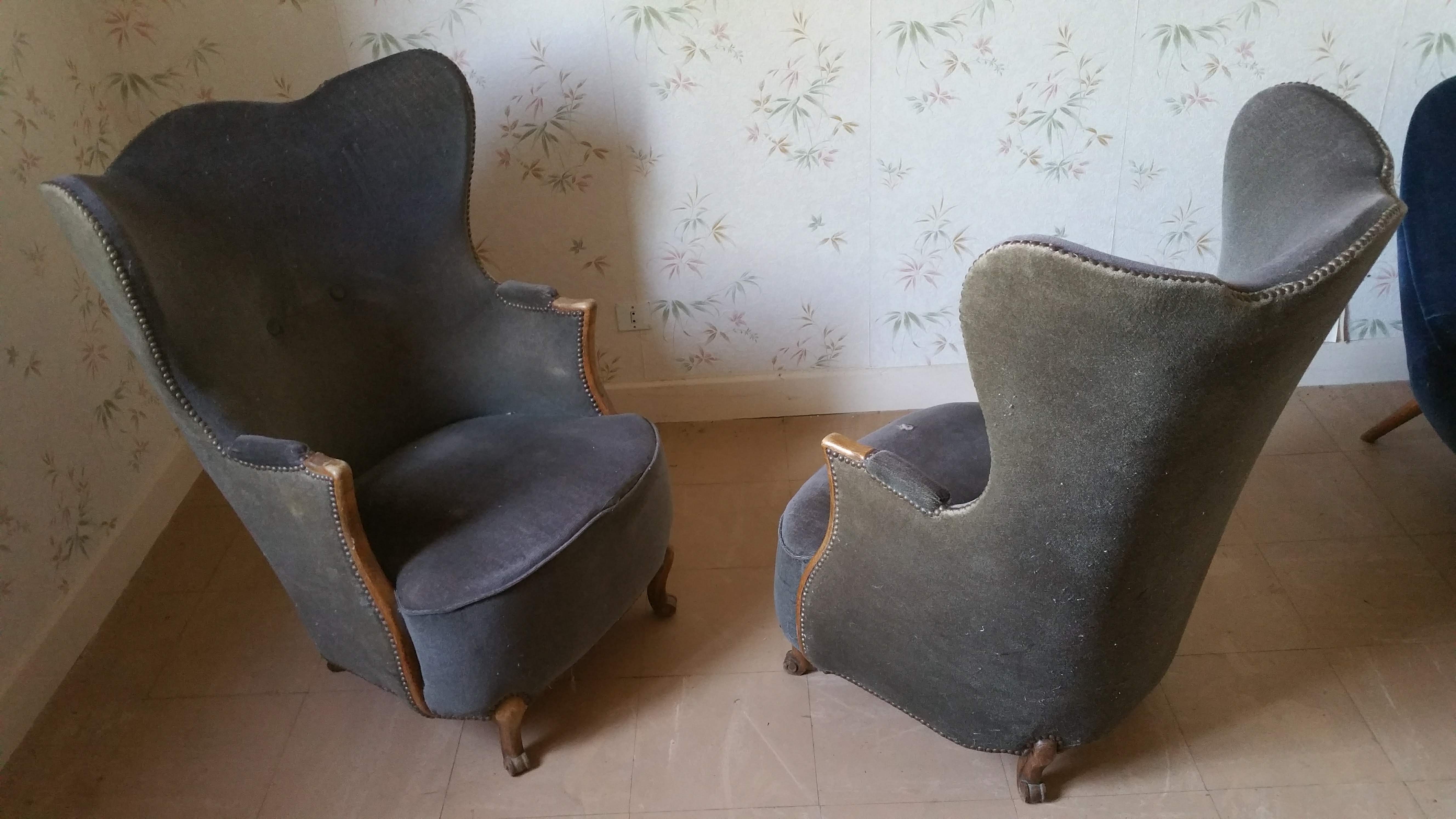 Pair of sculptural Bergère barrel armchairs