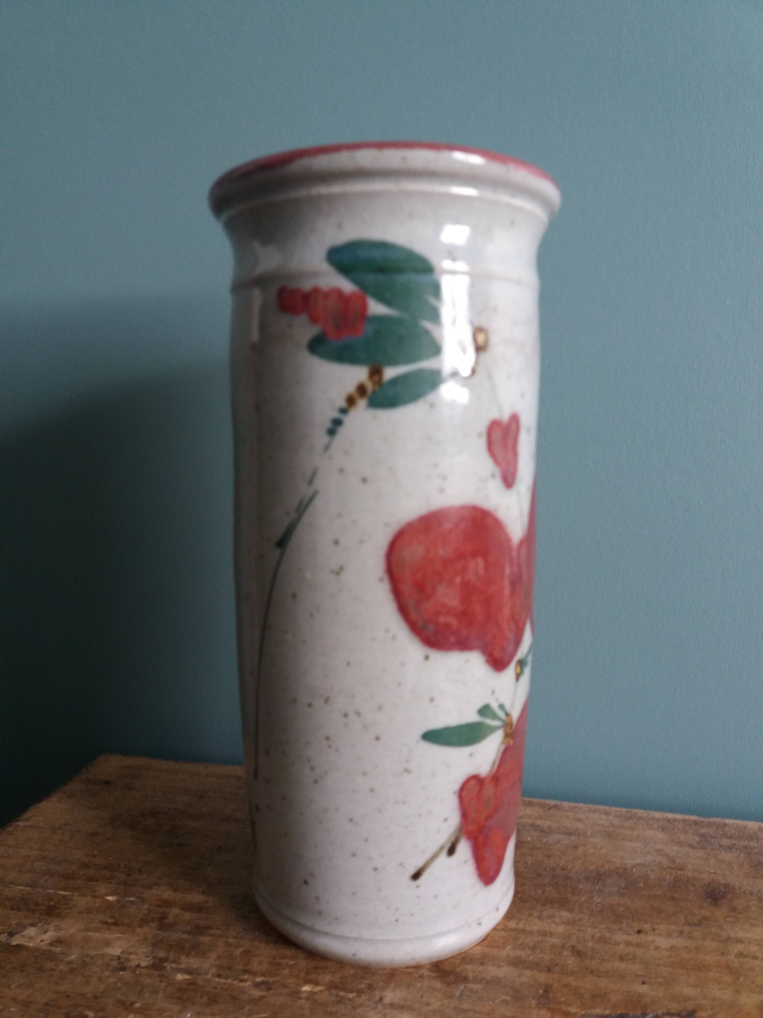 Signed scroll vase with poppy dragonfly decor