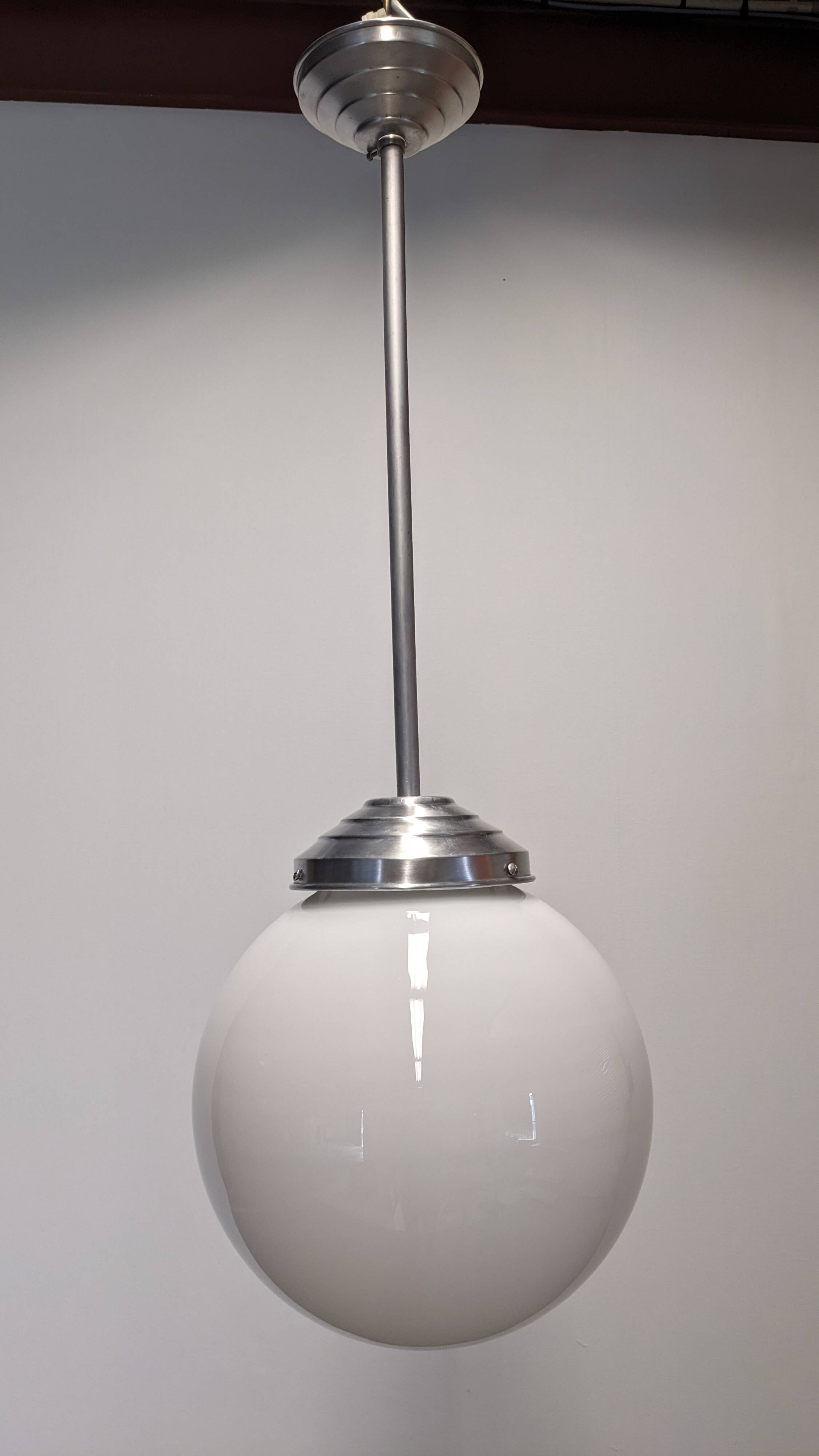 XL Art Deco white opaline suspension light, France circa 1920.