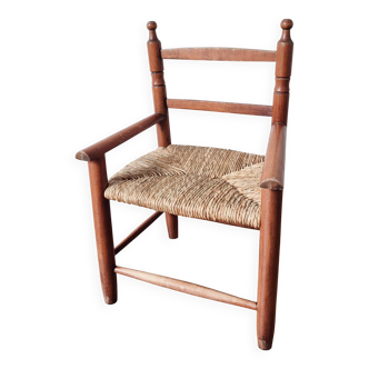 Vintage wooden and straw children's armchair