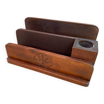 Old mail holder letters + pencil holder wood vintage office storage