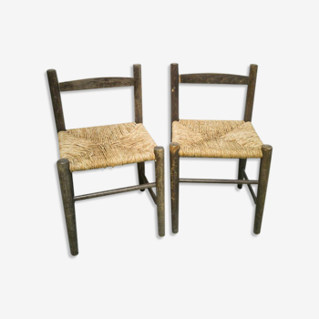 Paire de chaises enfant en bois et paille