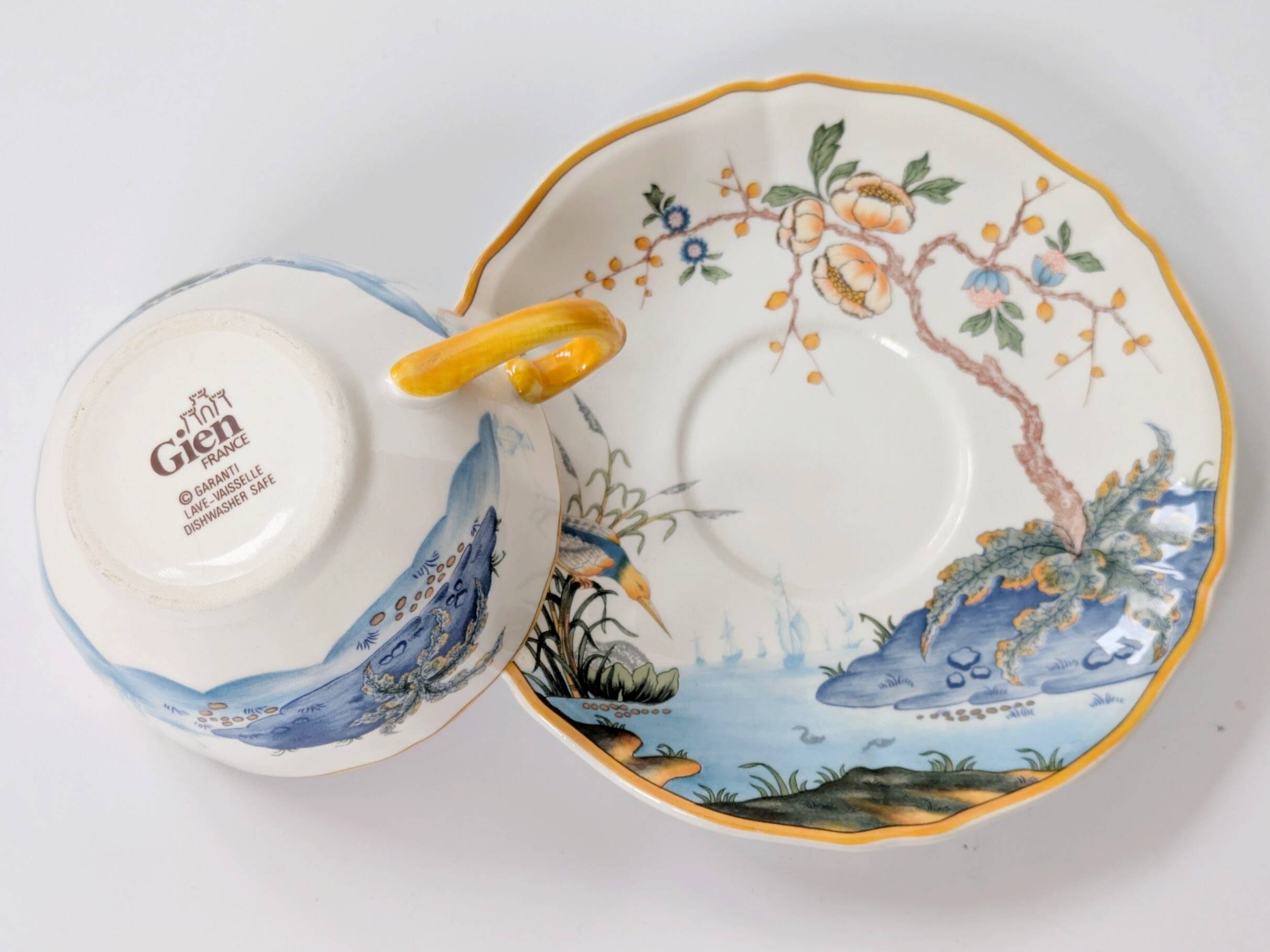 Set of 2 Gien Magellan "Caribbean" cups and saucers, vintage earthenware