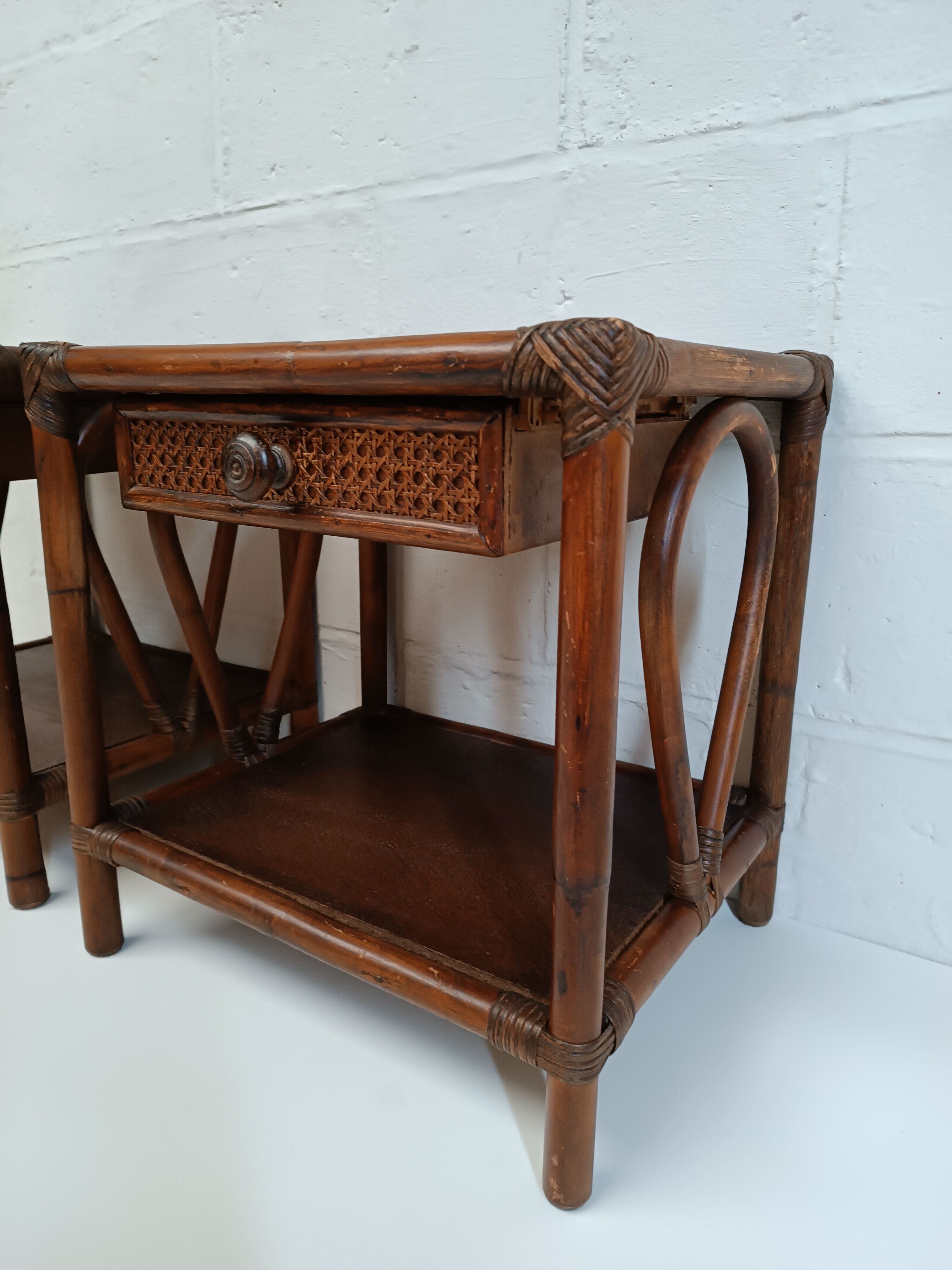 Pair of wooden bedside tables, bamboo and canning