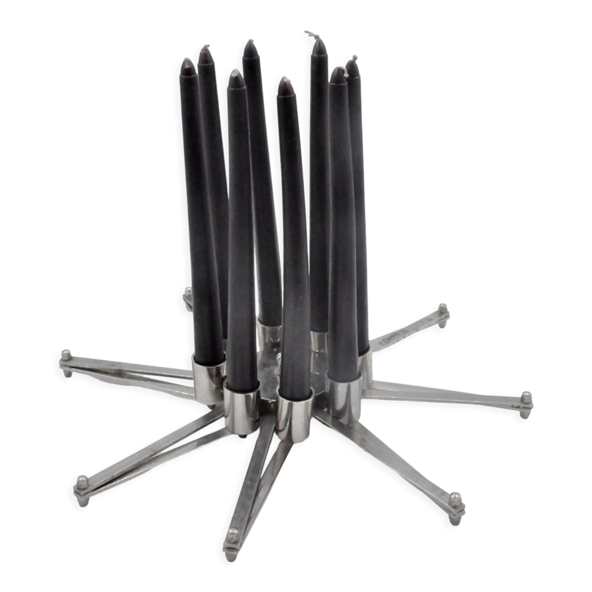 Design candle holder in silver metal, with 8 candles, modular spider