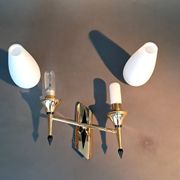 Small two-light wall lamp, white opaline and gilded brass, Circa 1960.