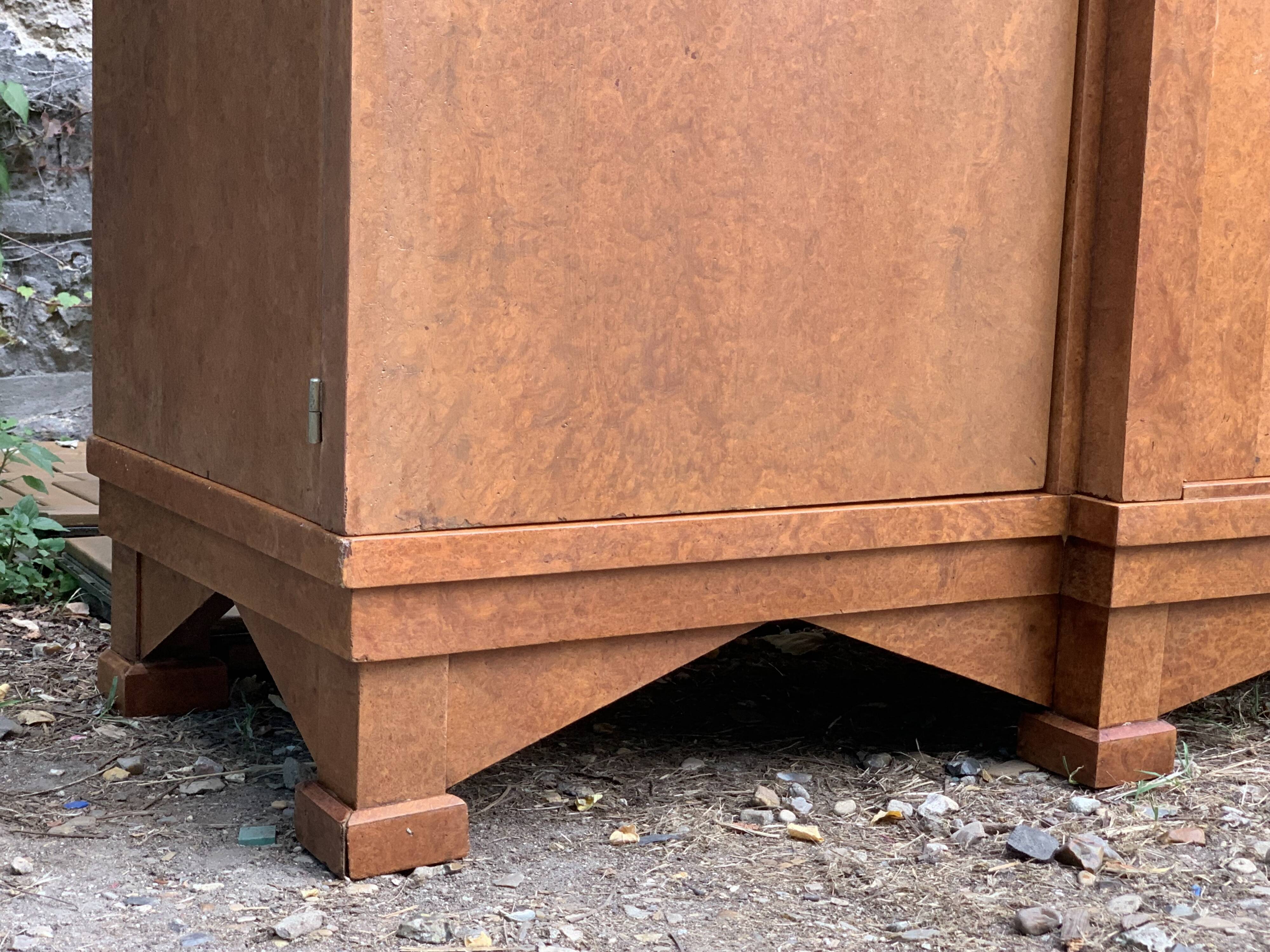 Art deco glass china cabinet in burr walnut 1930