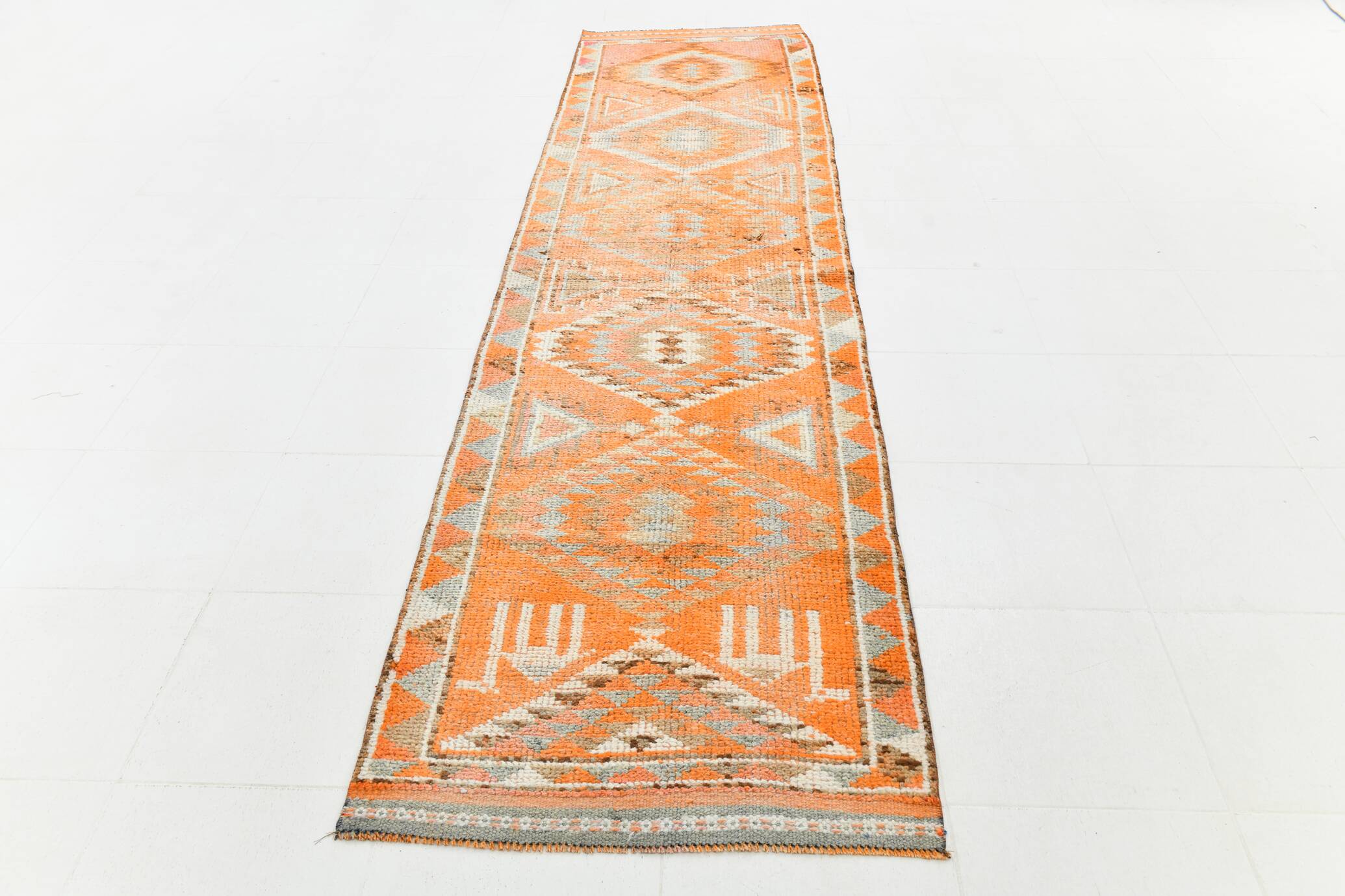 Orange & Beige Tribal Oushak Runner Rug, 88x362Cm