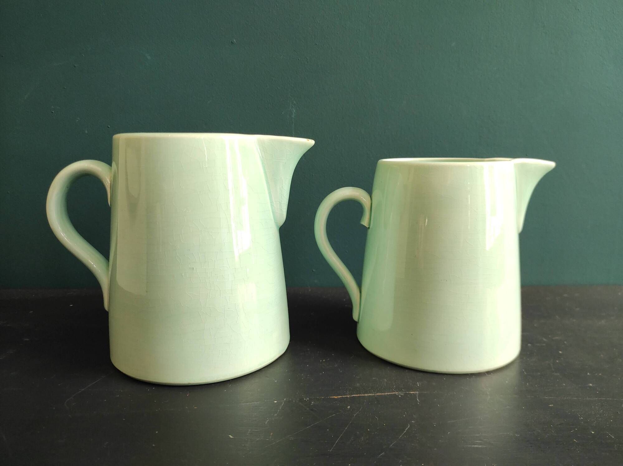 Set of two vintage French jugs in aquamarine blue