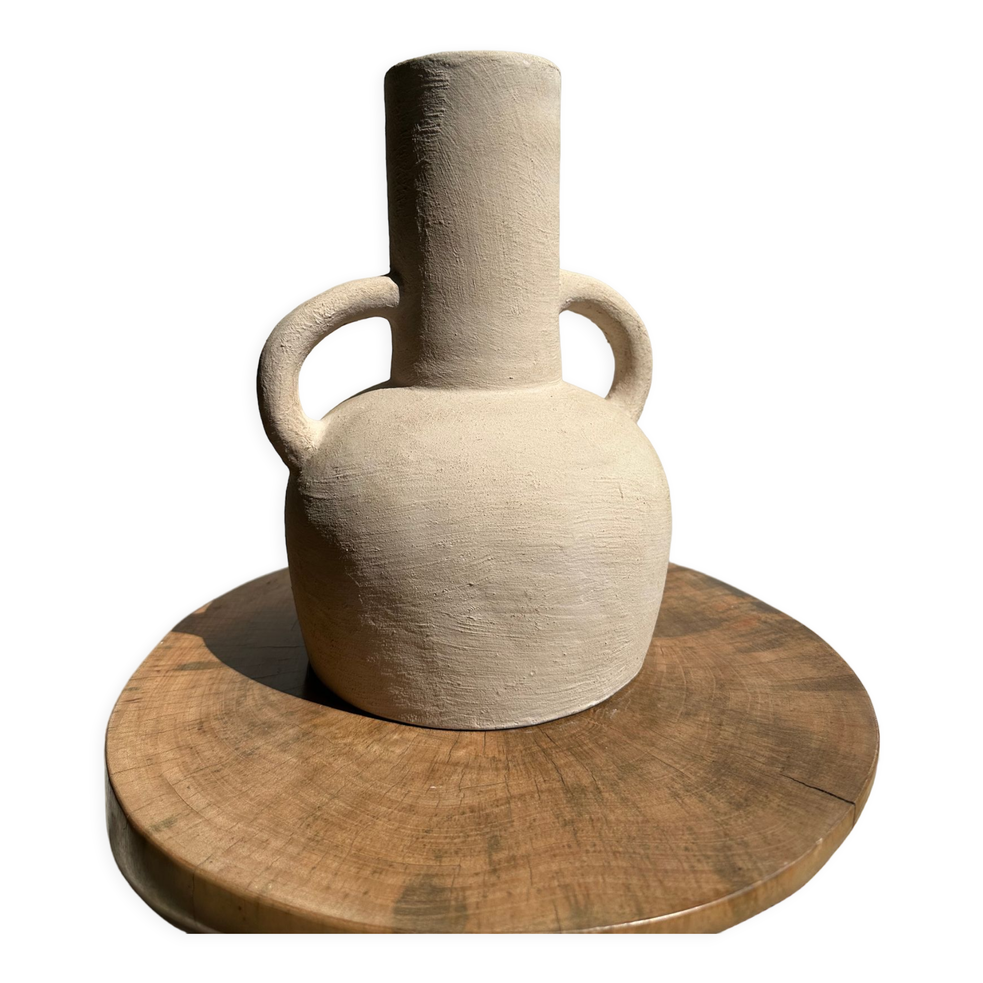 Handmade terracotta vase painted in beige with double handles h:32 d:25
