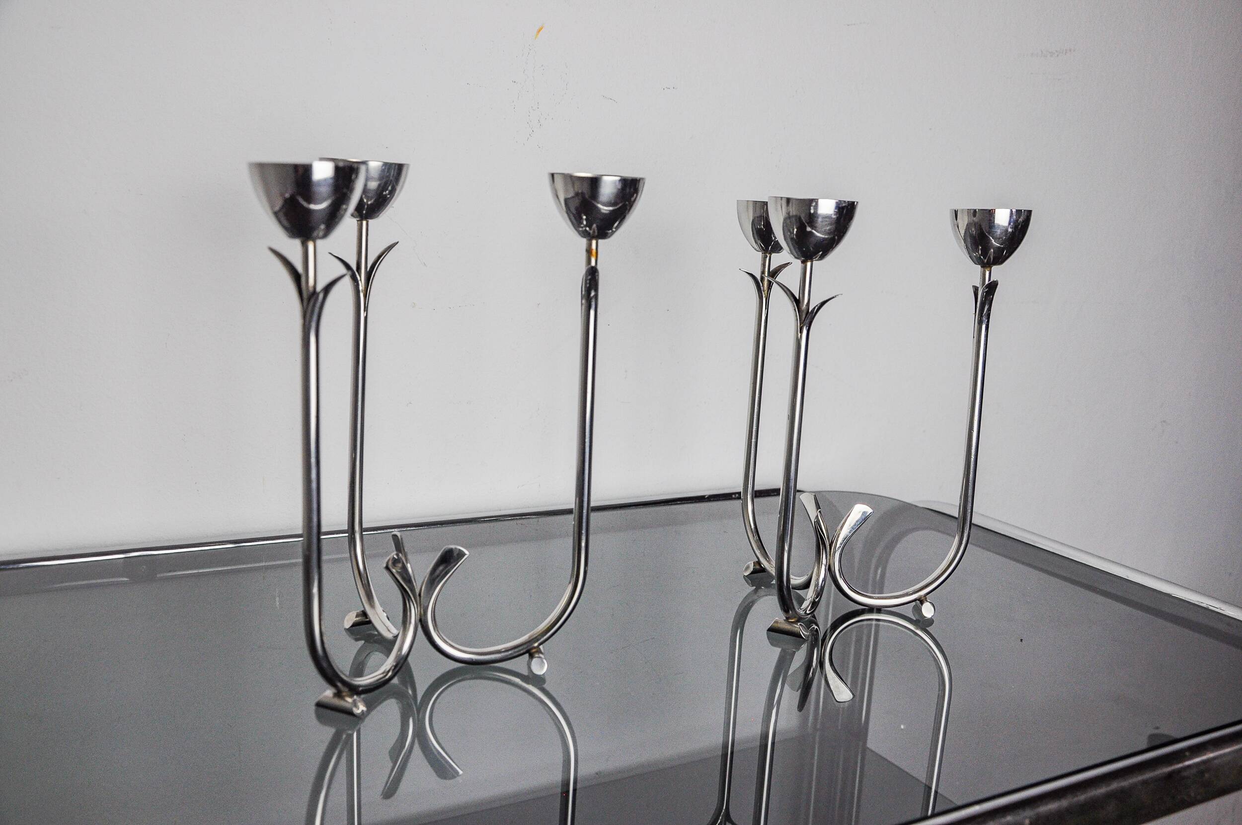 Pair of art deco stainless steel 3-flame candlesticks, Spain, 1970