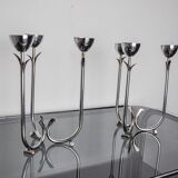 Pair of art deco stainless steel 3-flame candlesticks, Spain, 1970