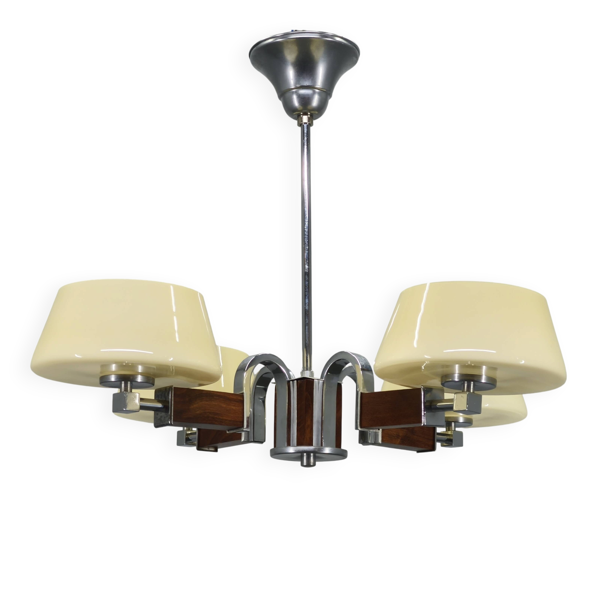 Art Deco Chandelier in Chrome, Wood and Glass, Czechoslovakia