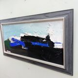 Mid-century modern "blue stream" vintage swedish abstract oil painting, framed, hans osswald