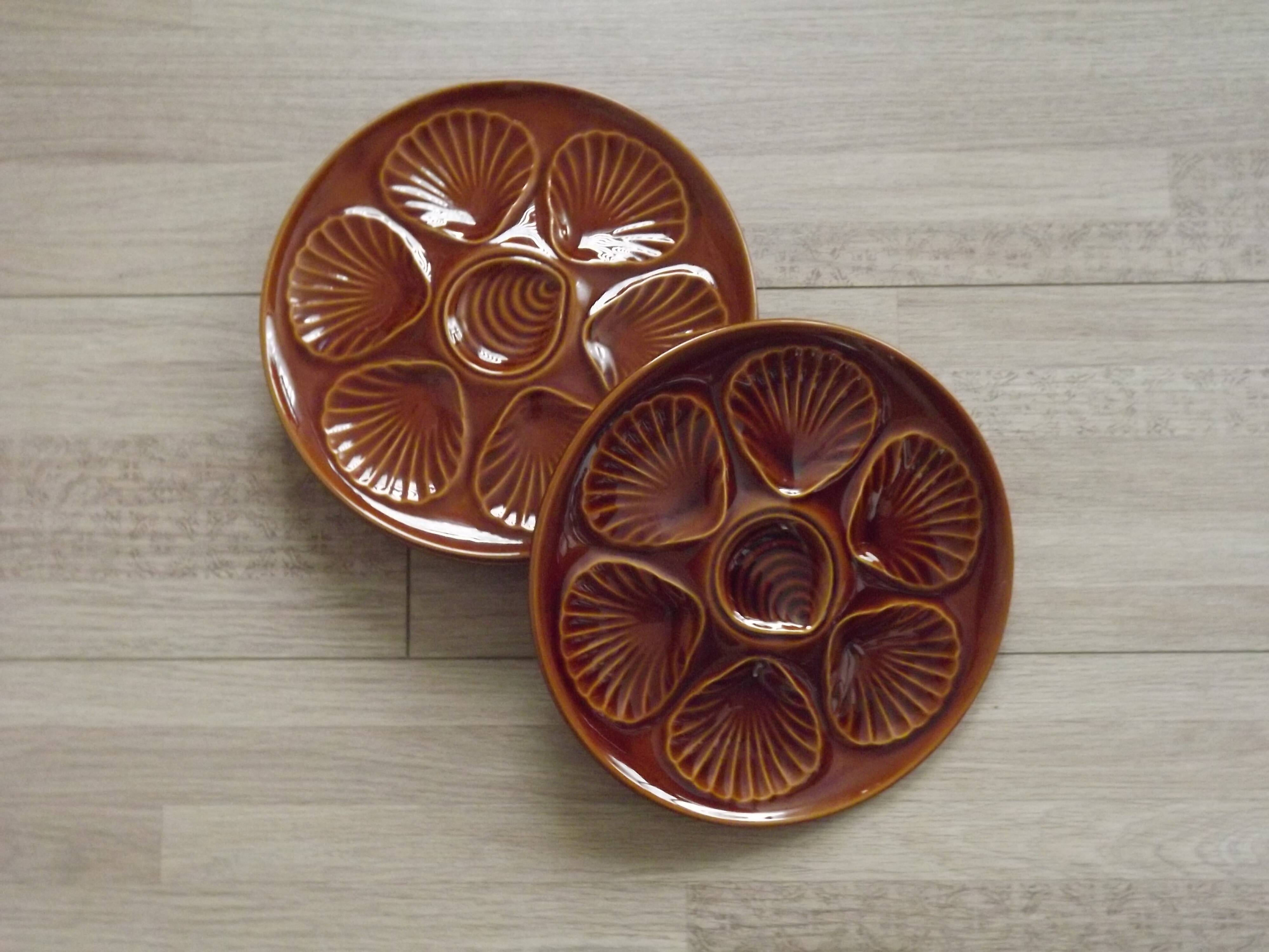 Set of 6 brown majolica oyster plates for 6 oysters and lemon 4951
