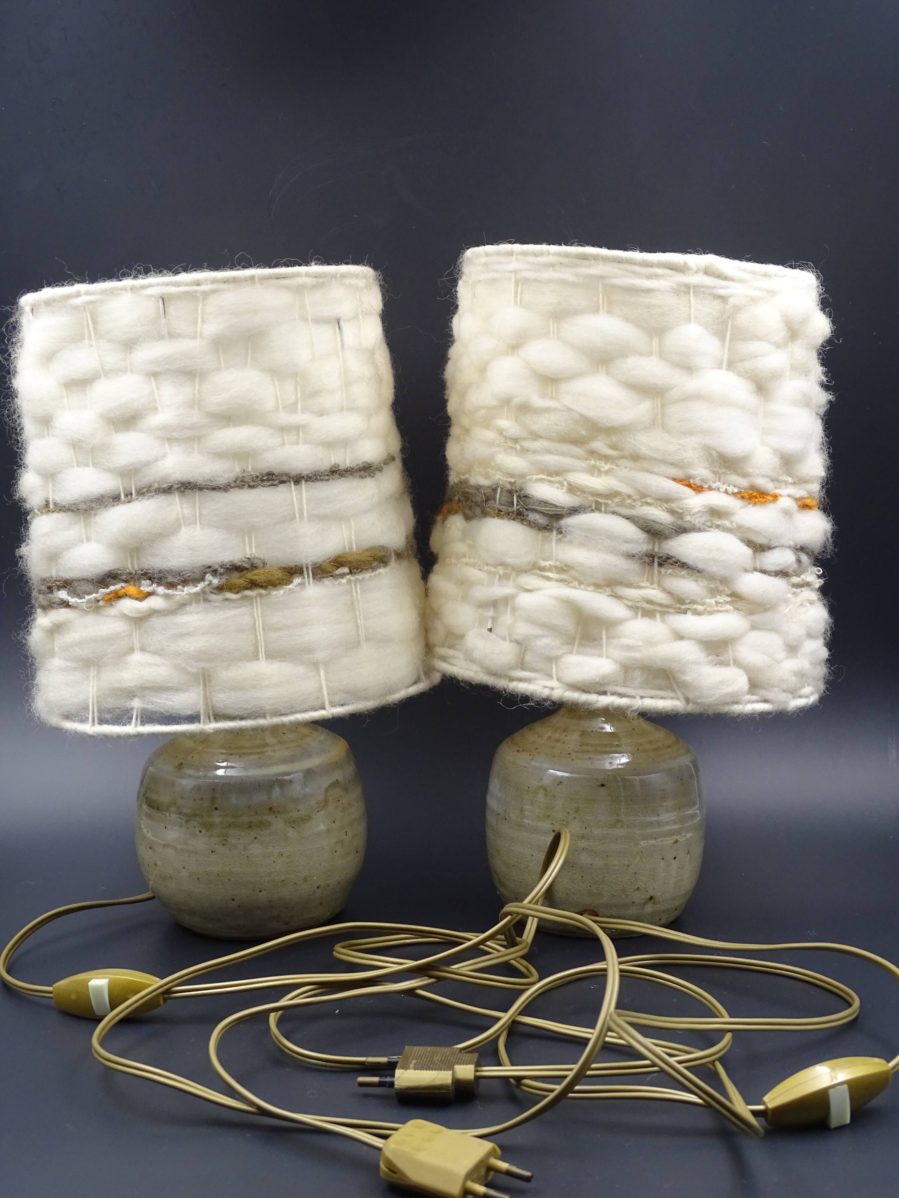 Pair of bedside lamps in stoneware and wool lampshades - Vintage around 1970
