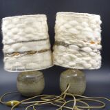 Pair of bedside lamps in stoneware and wool lampshades - Vintage around 1970