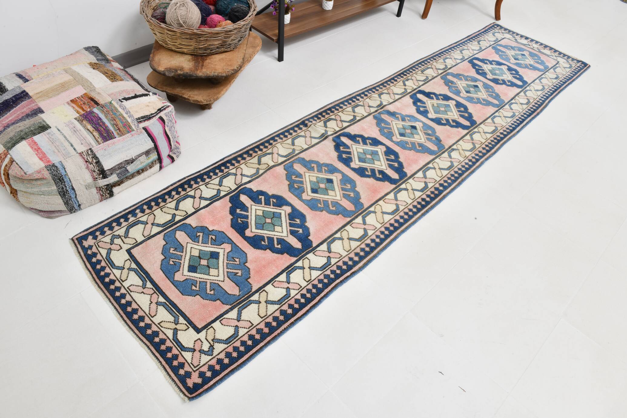 3x10 Pink & Blue Oushak Runner Rug 80x325Cm SK 22171