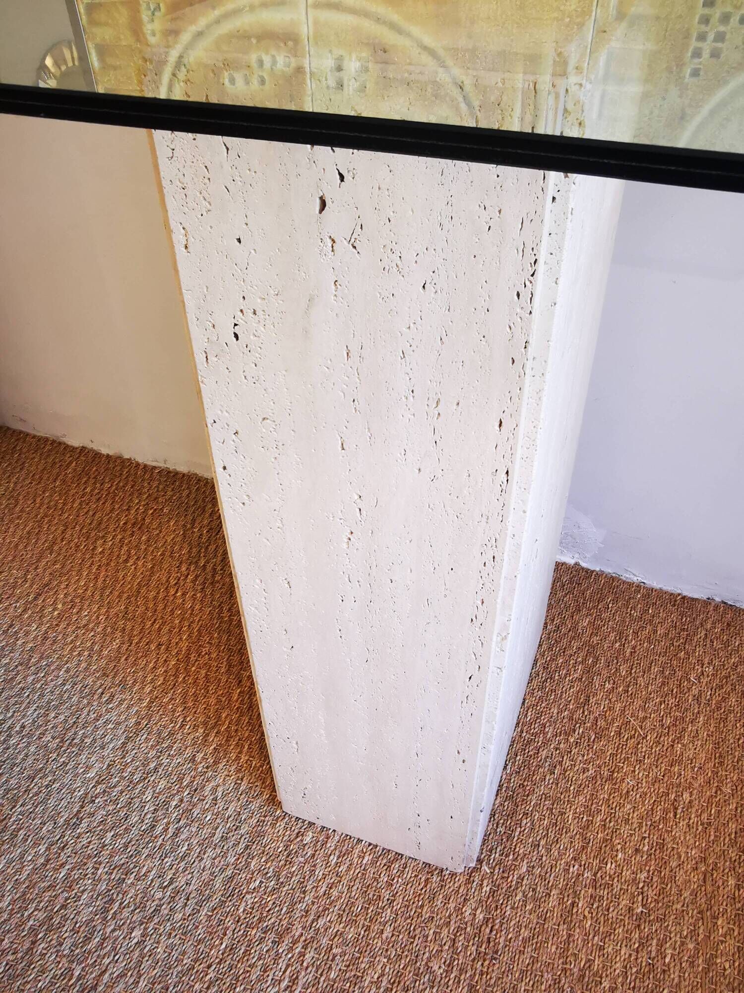 XXL vintage Italian console in travertine and glass from the 80s