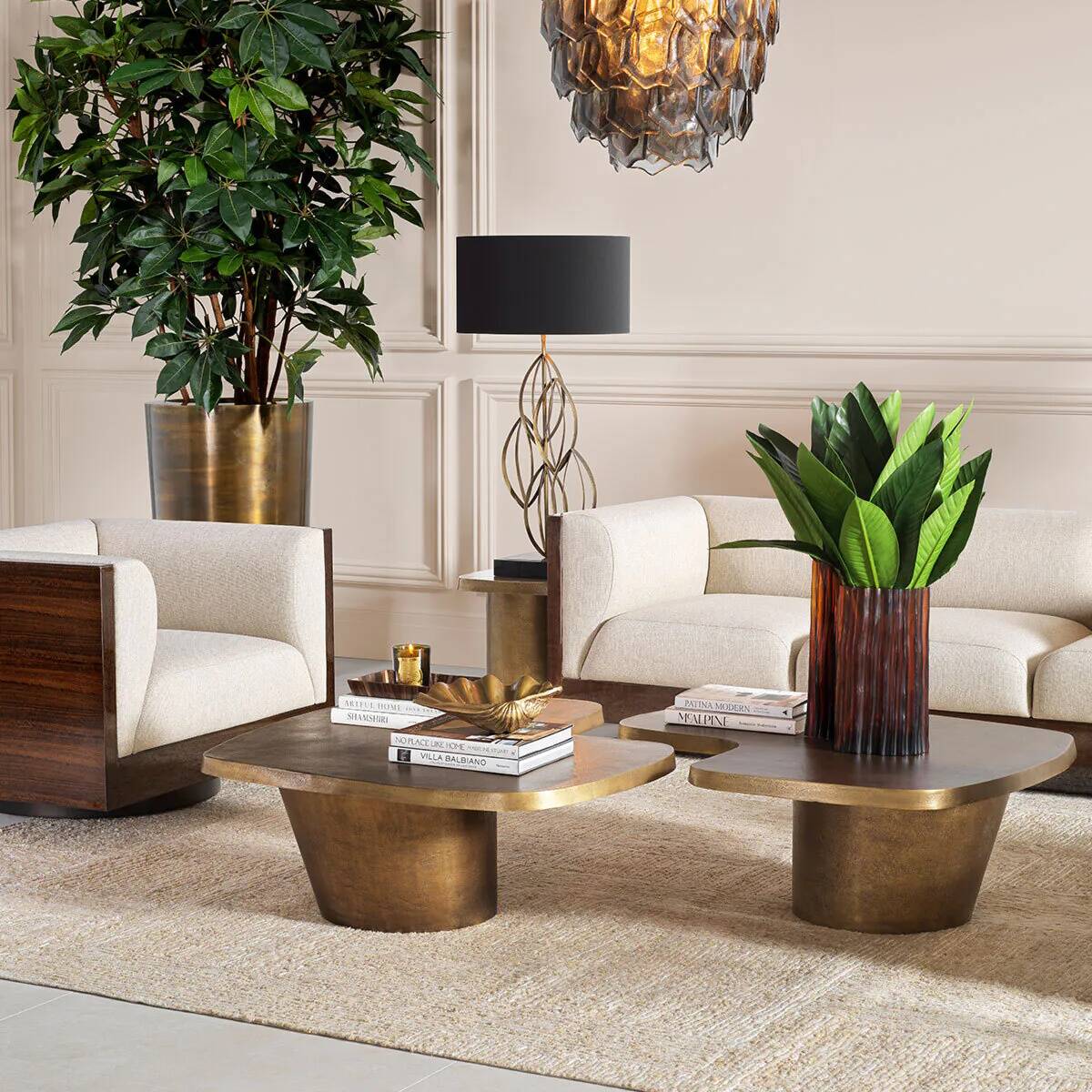 Set of 2 coffee tables, vintage brass finish, timeless character.