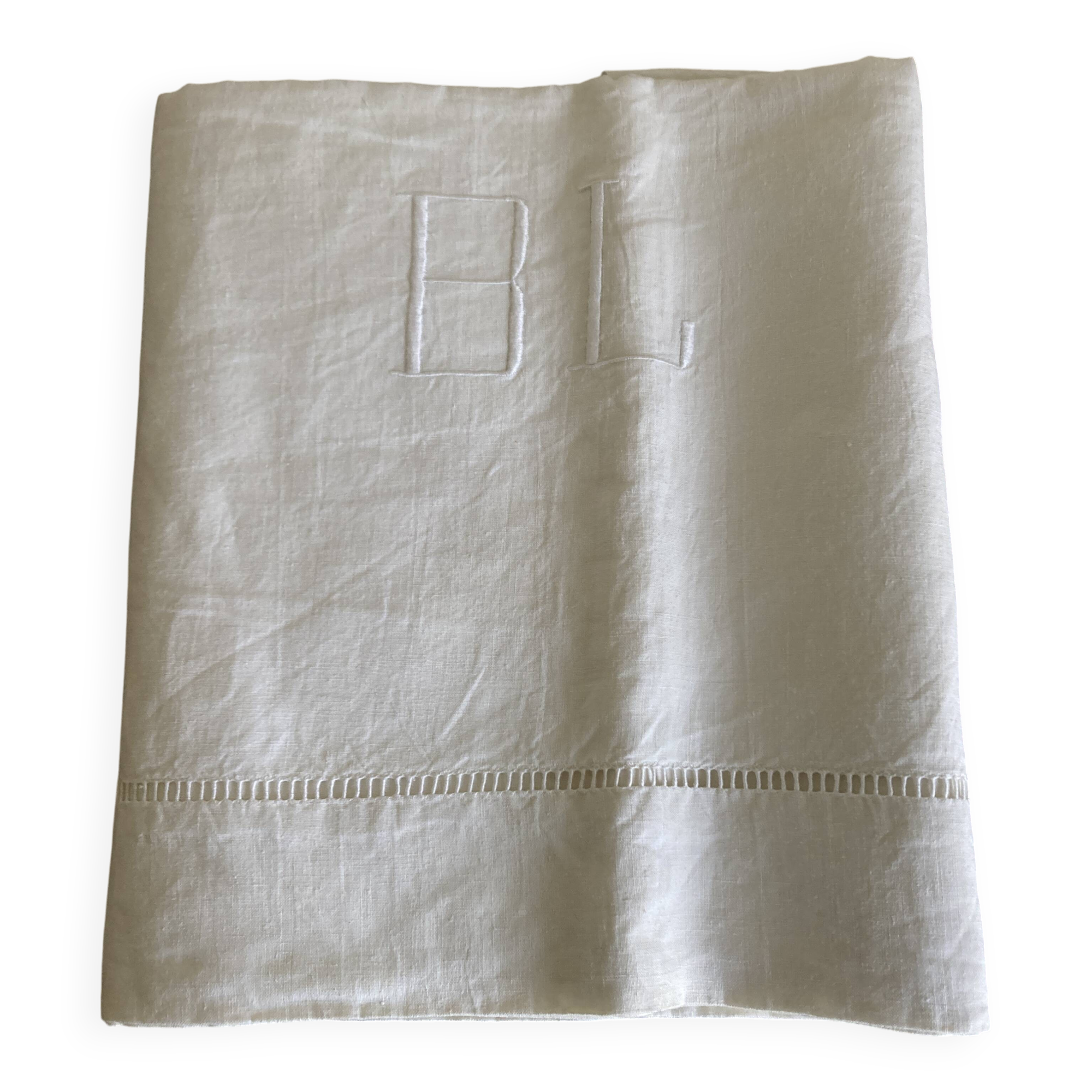 Linen sheet, reserve of antique trousseau, new with openwork and BL modernist L180