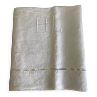 Linen sheet, reserve of antique trousseau, new with openwork and BL modernist L180