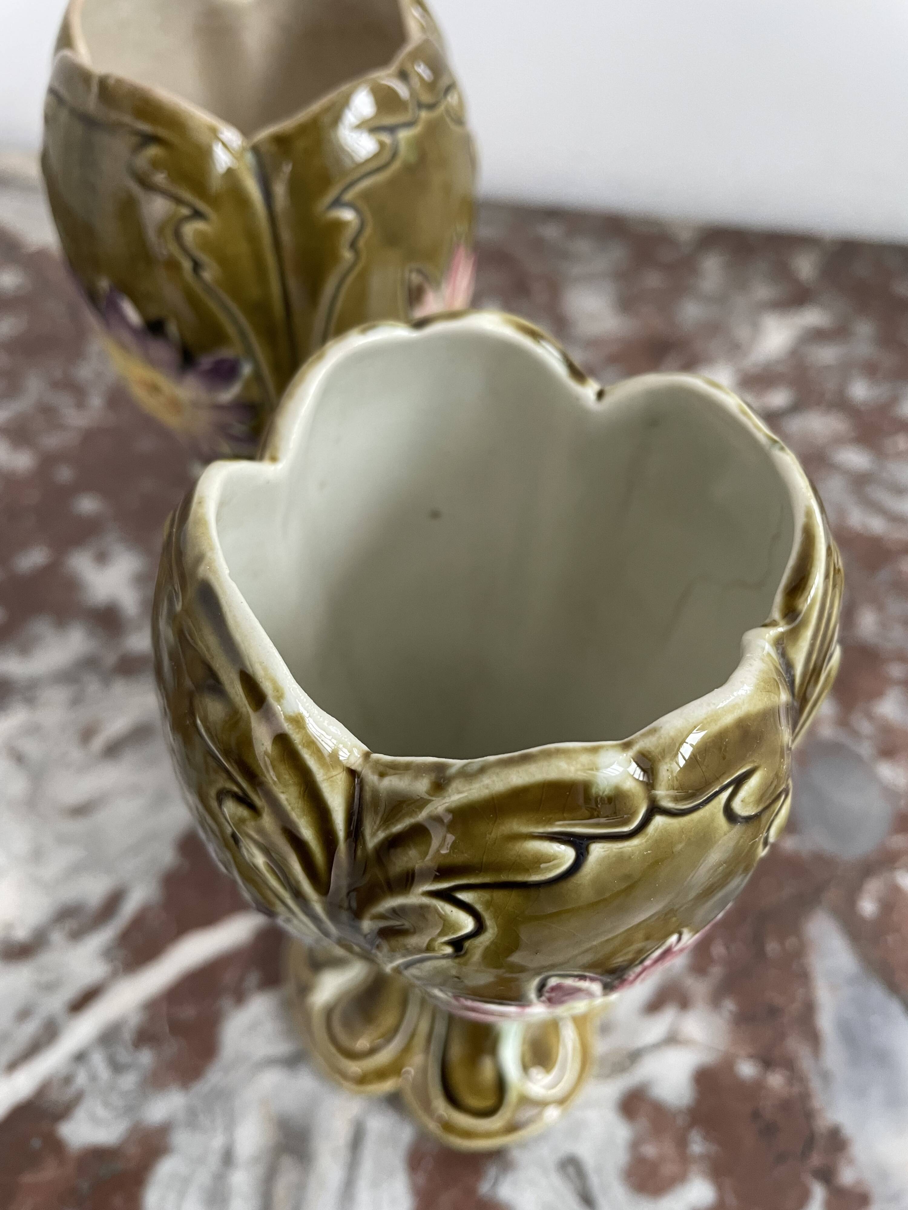 Barbotine vases, pair, Art Nouveau, DE BRUYN earthenware, signed, numbered