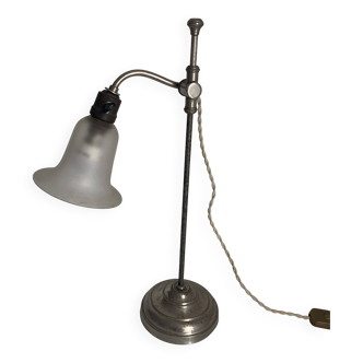 Lampe vintage 1930 Art Déco bureau laiton nickelé verre dépoli - 45 cm