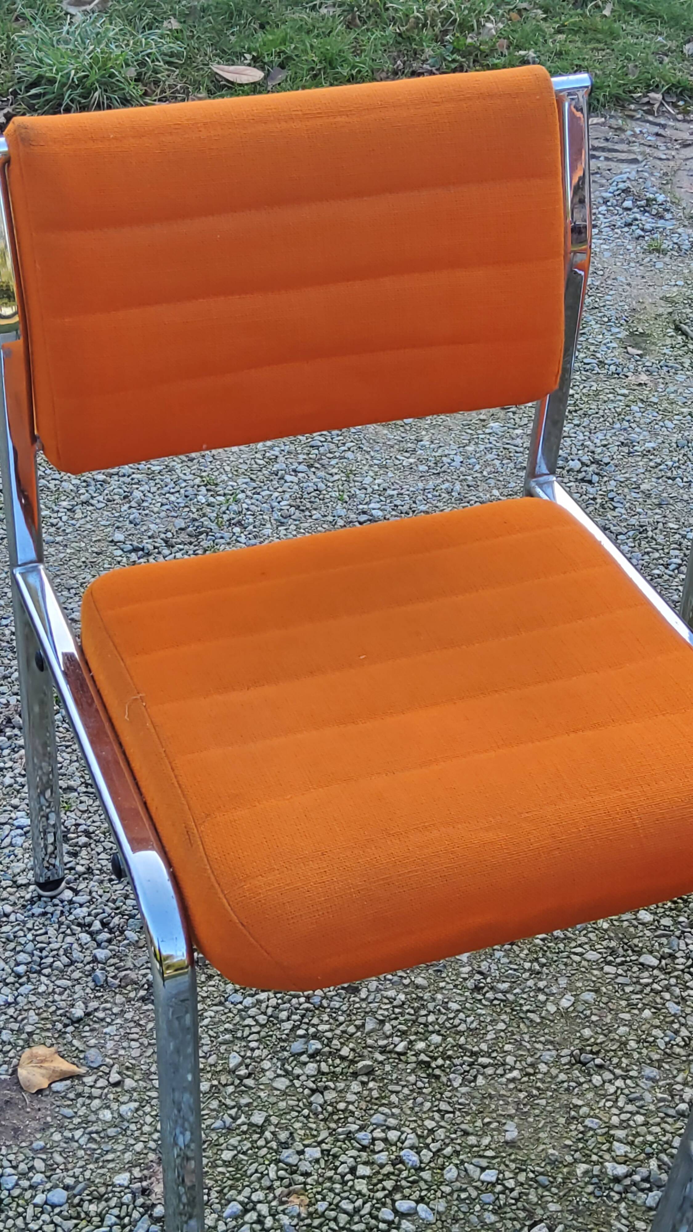 Set of 6 designer chairs from the 70s orange fabrics and chrome tubes