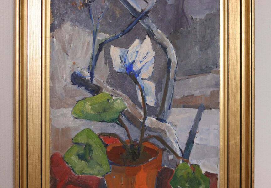 Original Swedish oil on canvas – “Winter Cyclamen” by Majken Bergvin (1922–2012) – 1965 – vintage & framed – 62 × 43 cm