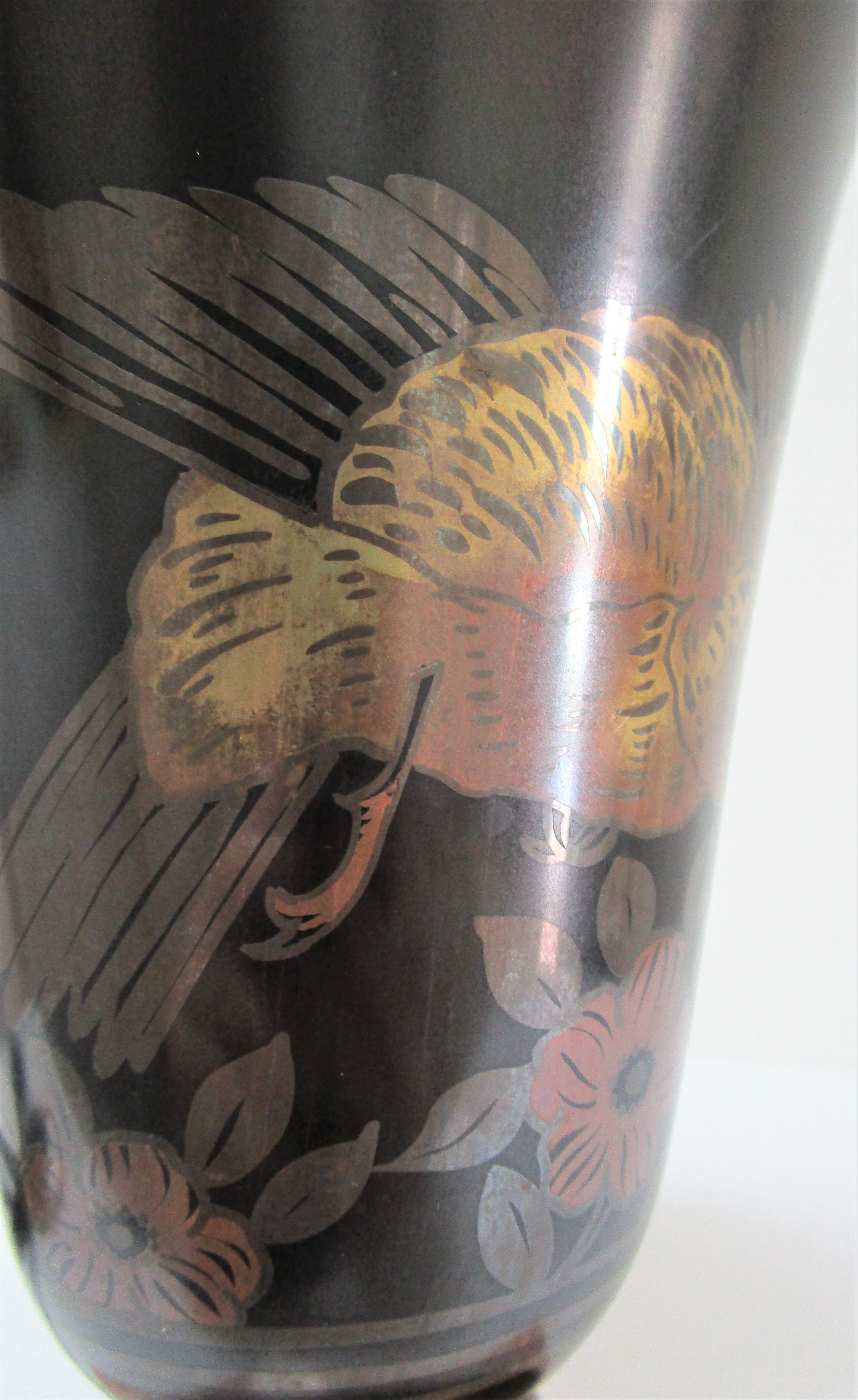 Lampe vasque art déco métal et marbre signée a.ducobu décor fleurs oiseau