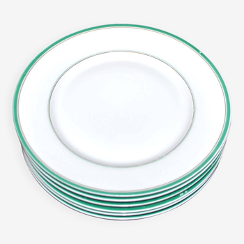 Limoges, set of 6 dessert plates in old porcelain with green and gold border decoration 20cm