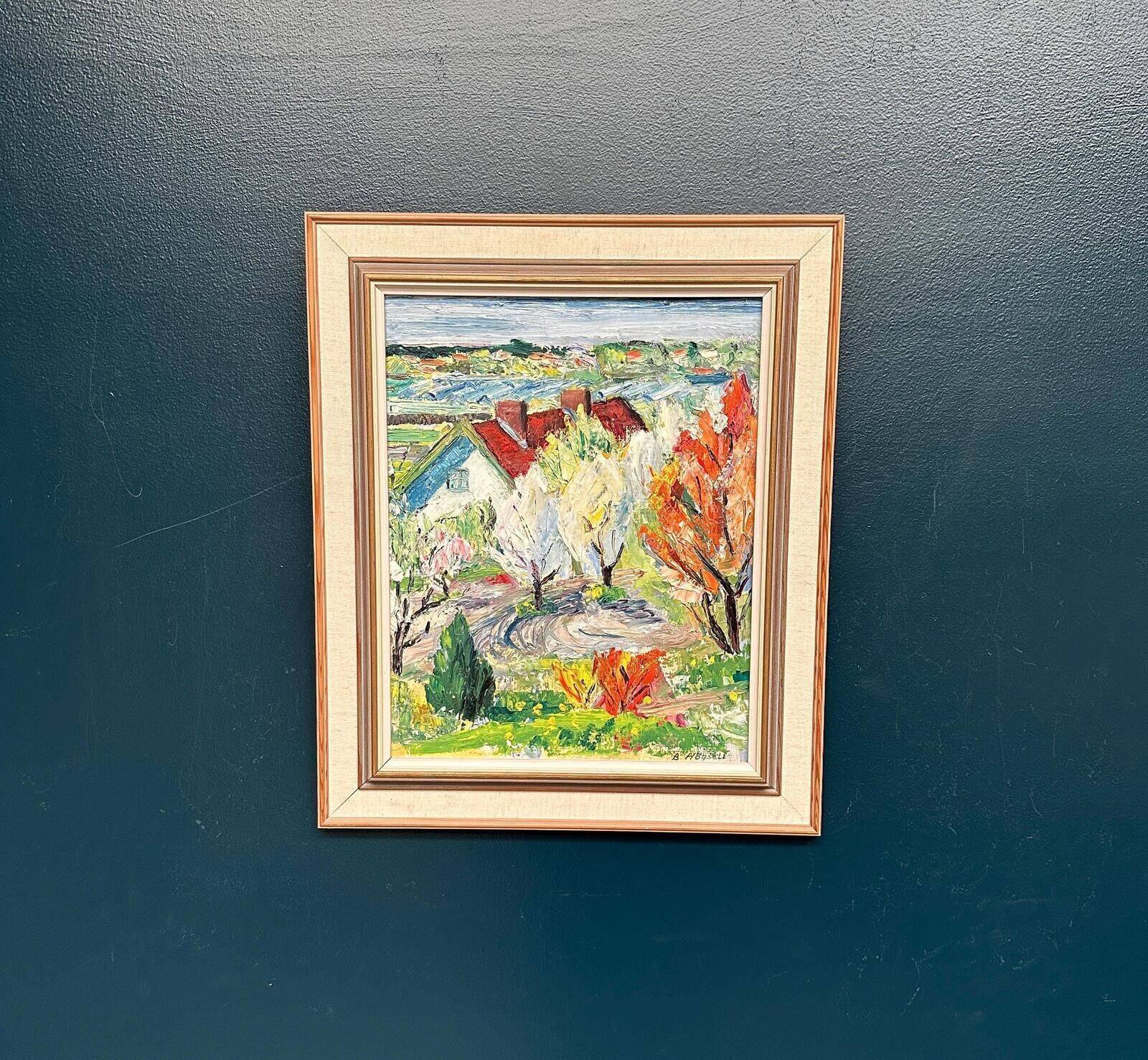 Original Swedish Oil On Panel – “Landskap Med Hus” By Birgitta Högsell – Signed – Vintage & Framed