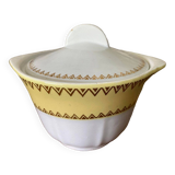 Sugar bowl or candy dish in white earthenware with yellow and gold frieze decoration